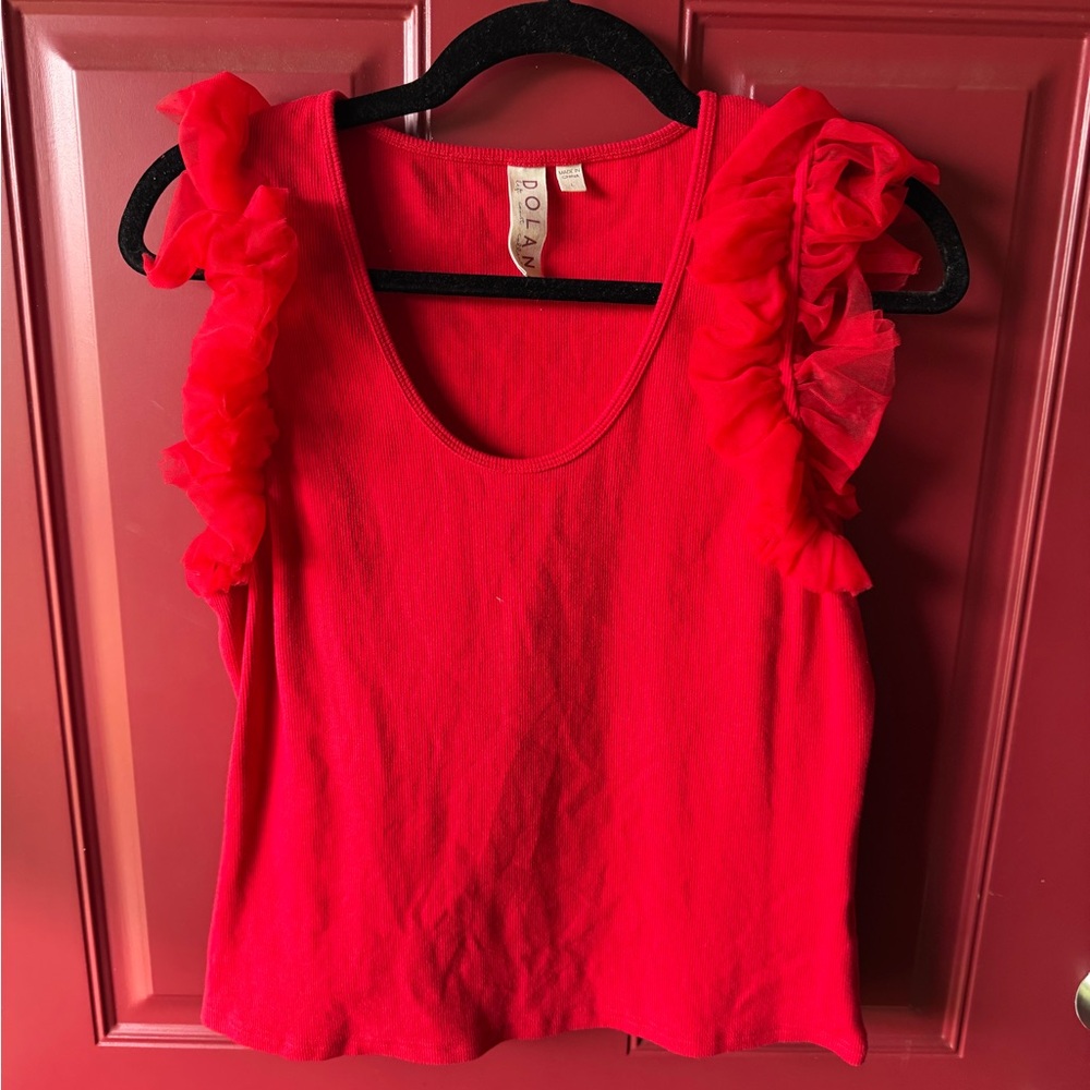 dolan anthropology Red Ruffle Shoulder Tank